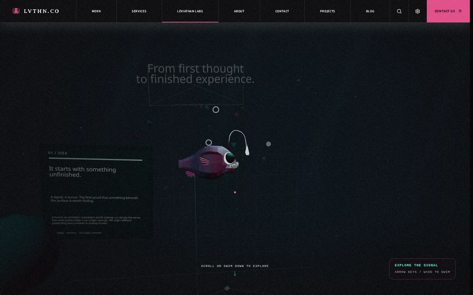 A glowing anglerfish swimming through the dark waters of The Journey.
