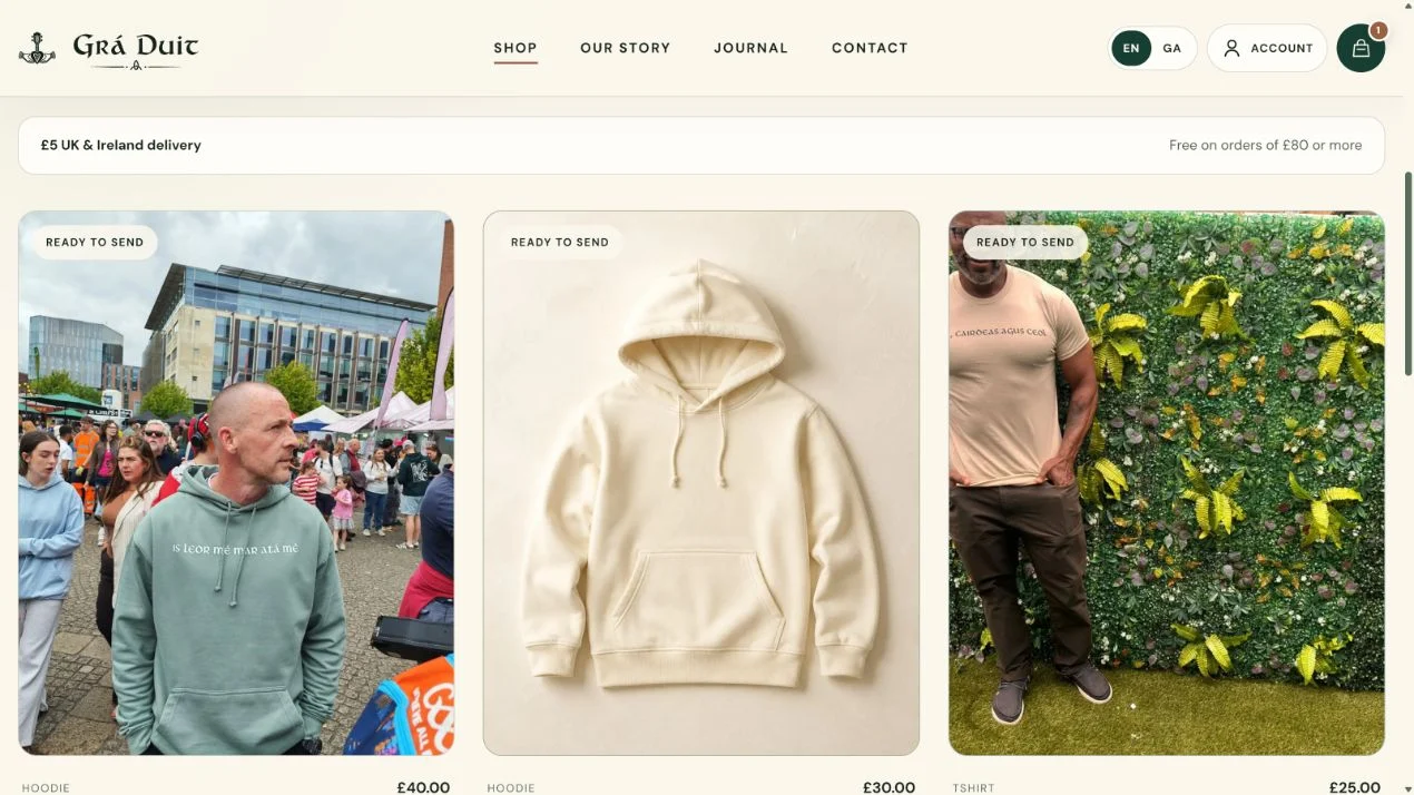 The Grá Duit collection with product photographs, prices and stock availability