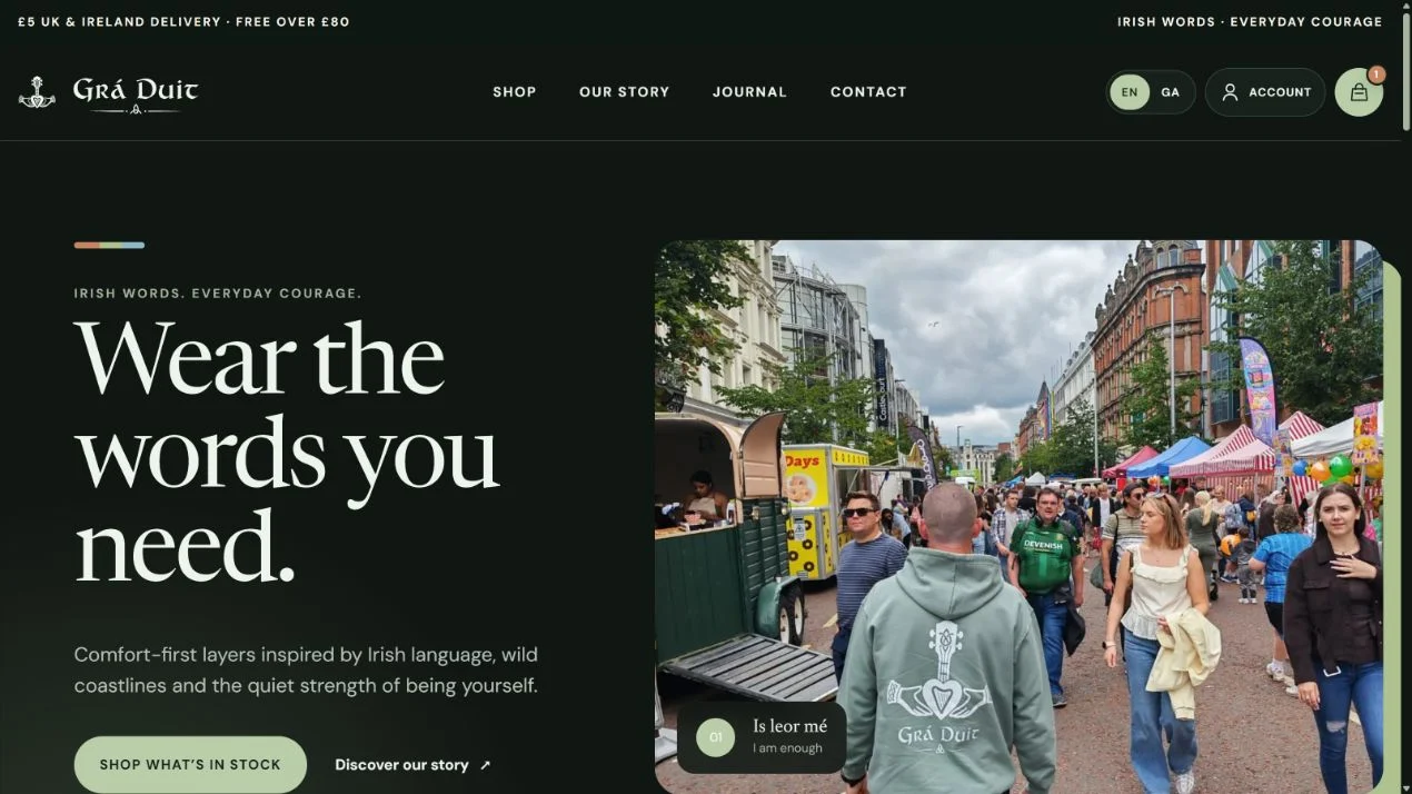 The same Grá Duit storefront in its dark colour theme