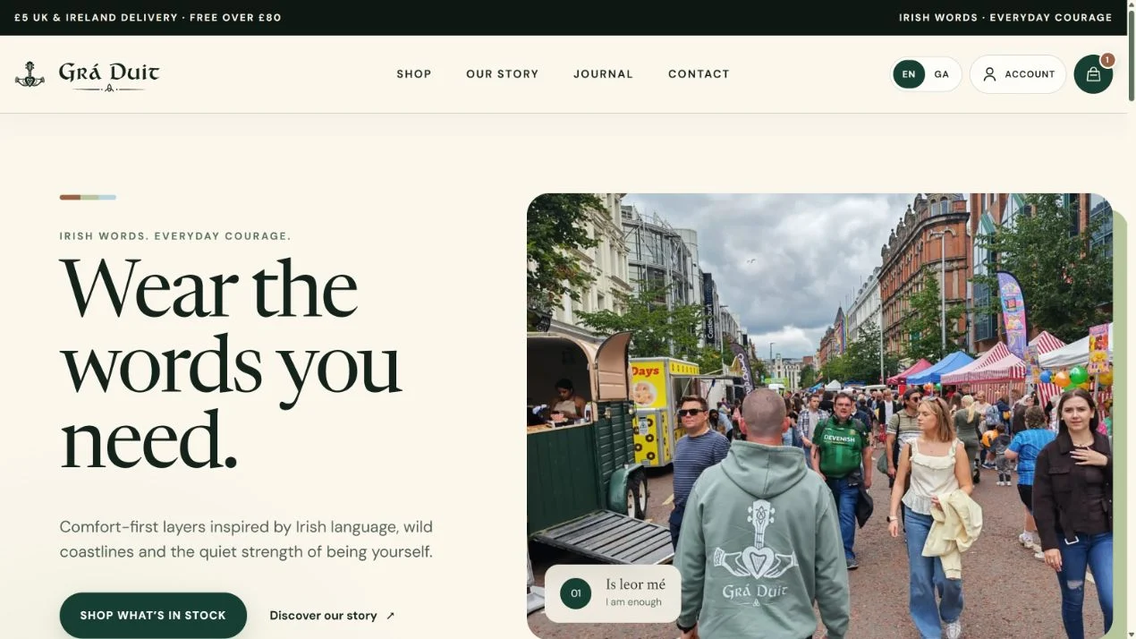 Grá Duit’s clothing storefront: Wear the words you need, with Irish market photography