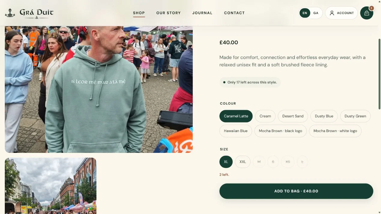 Adult hoodie product page with colour choices, available sizes and stock counts