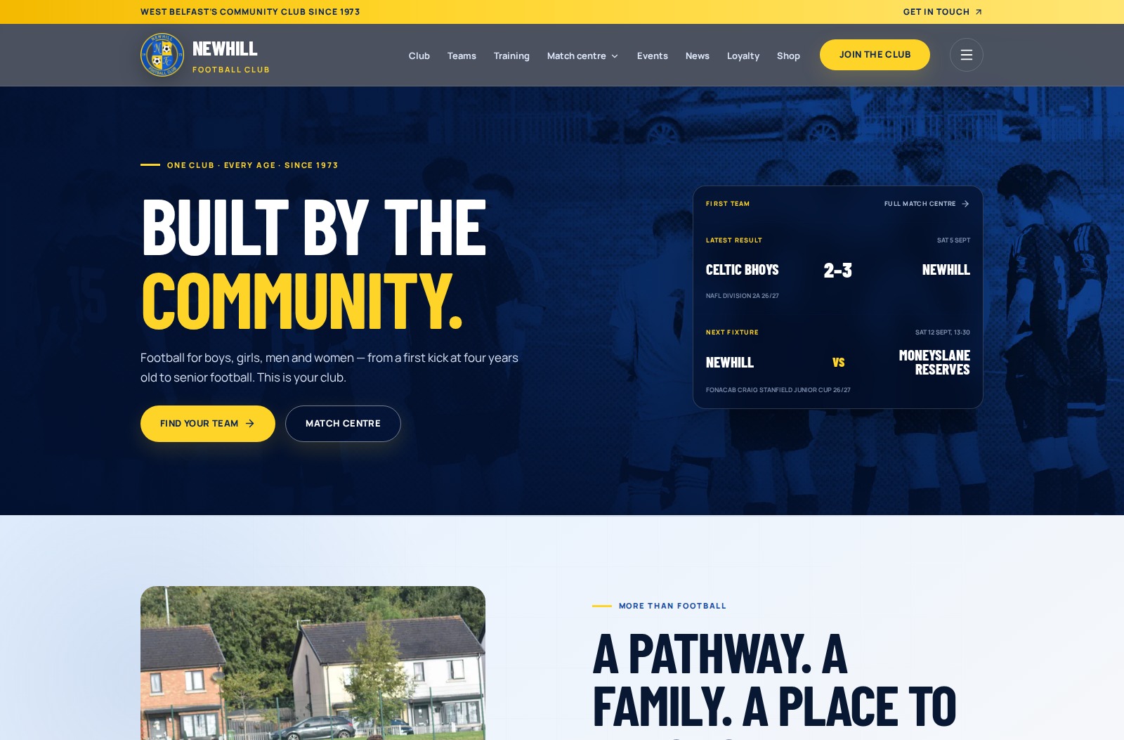 Newhill FC V2 homepage in light mode