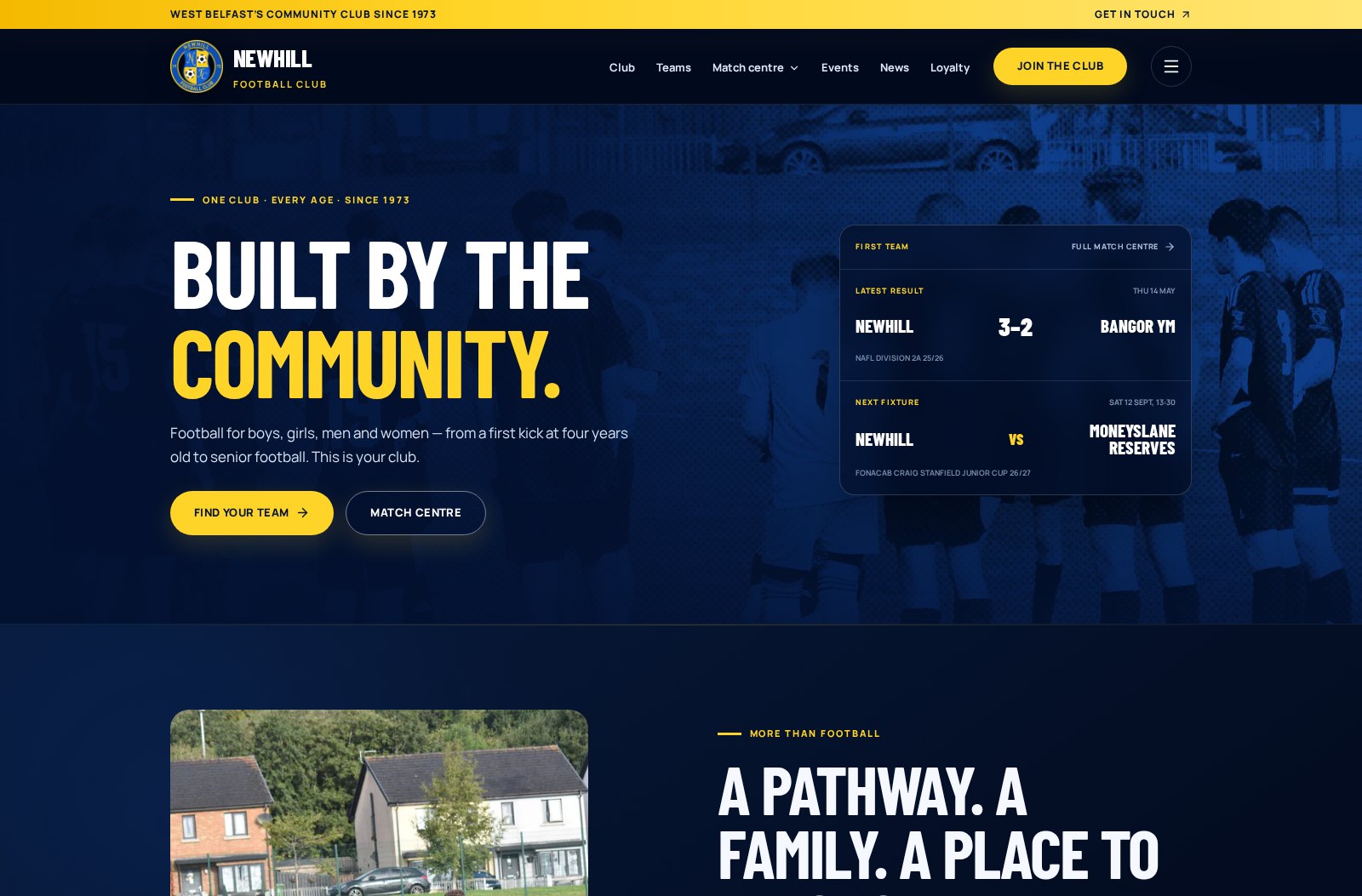 Newhill FC V2 homepage showing the club message and live match information