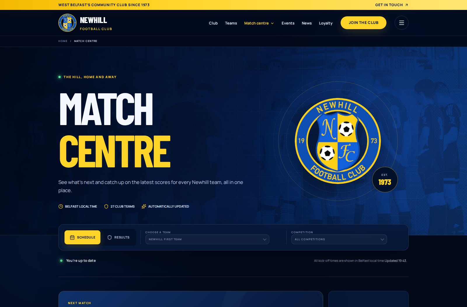 Newhill FC V2 Match Centre with team and competition filters
