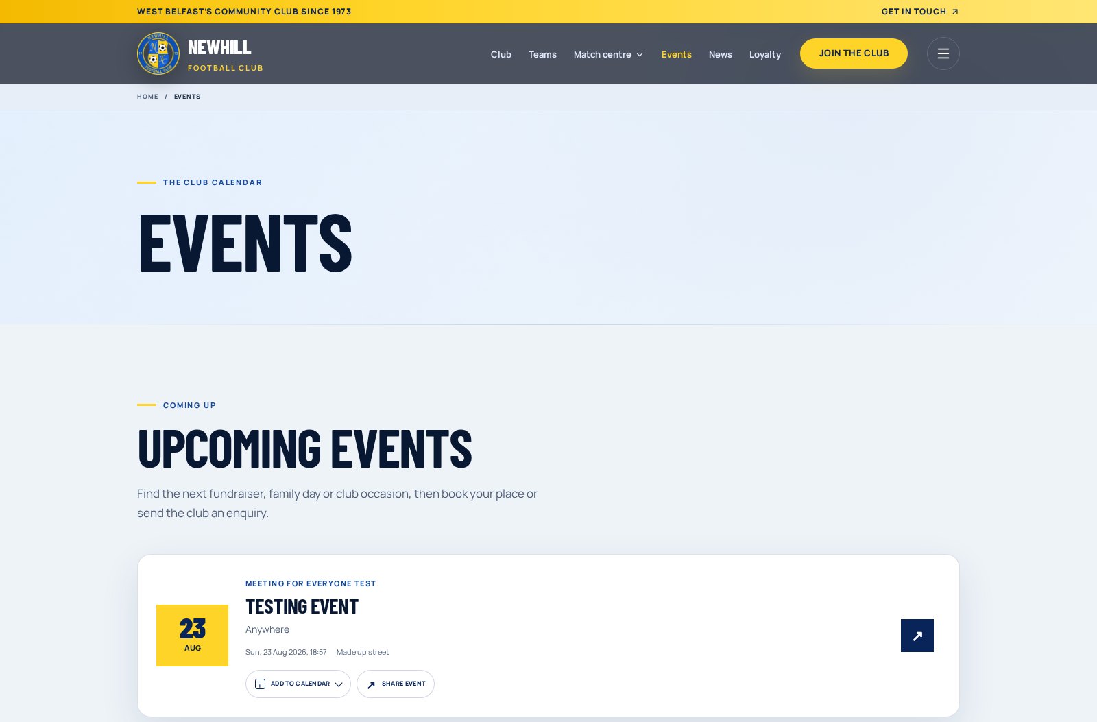 Newhill FC V2 events page in light mode