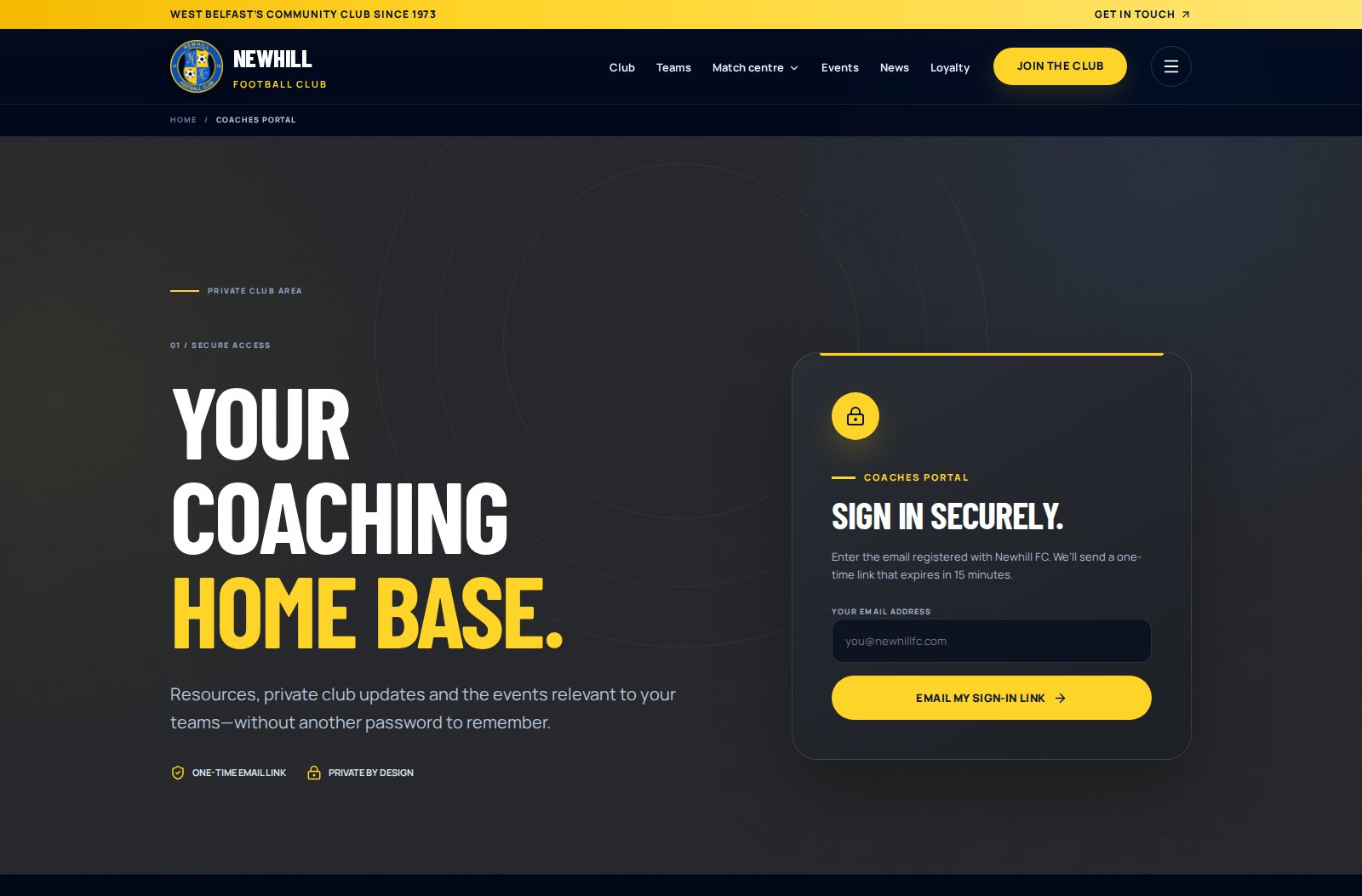 Public sign-in screen for the protected Newhill coaches workspace